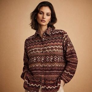 Sharon Young Tribal Maroon Print Button-Down Lightweight Soft Drape Size Large